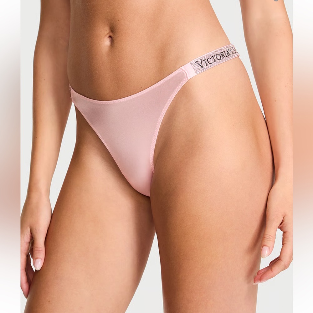 NWT Victoria's Secret Very Sexy RHINESTONE Shine Angel Pink Thong Panty Large